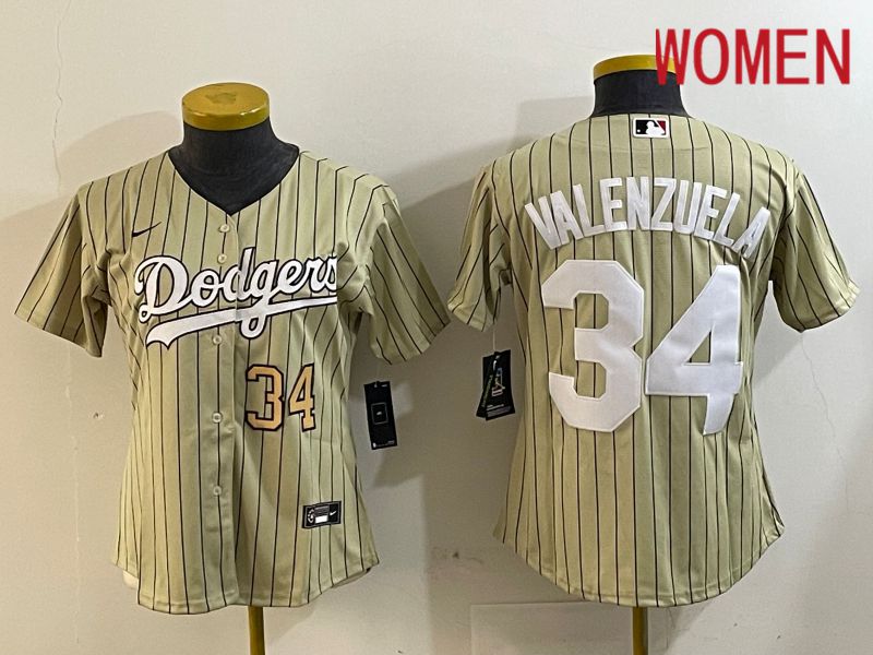 Women Los Angeles Dodgers #34 Valenzuela Green Stripe Game 2024 Nike MLB Jersey style 5->women mlb jersey->Women Jersey